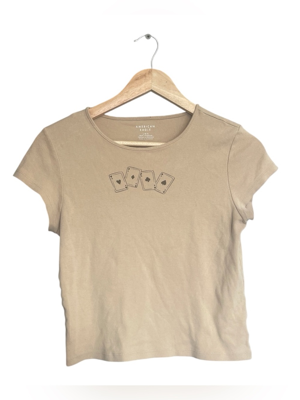American Eagle Tan Baby Tee with Card Graphic